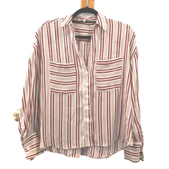 Free People Sz XS Mad About You Button Up Silky Shirt Striped Boxy Oversized - Picture 2 of 5
